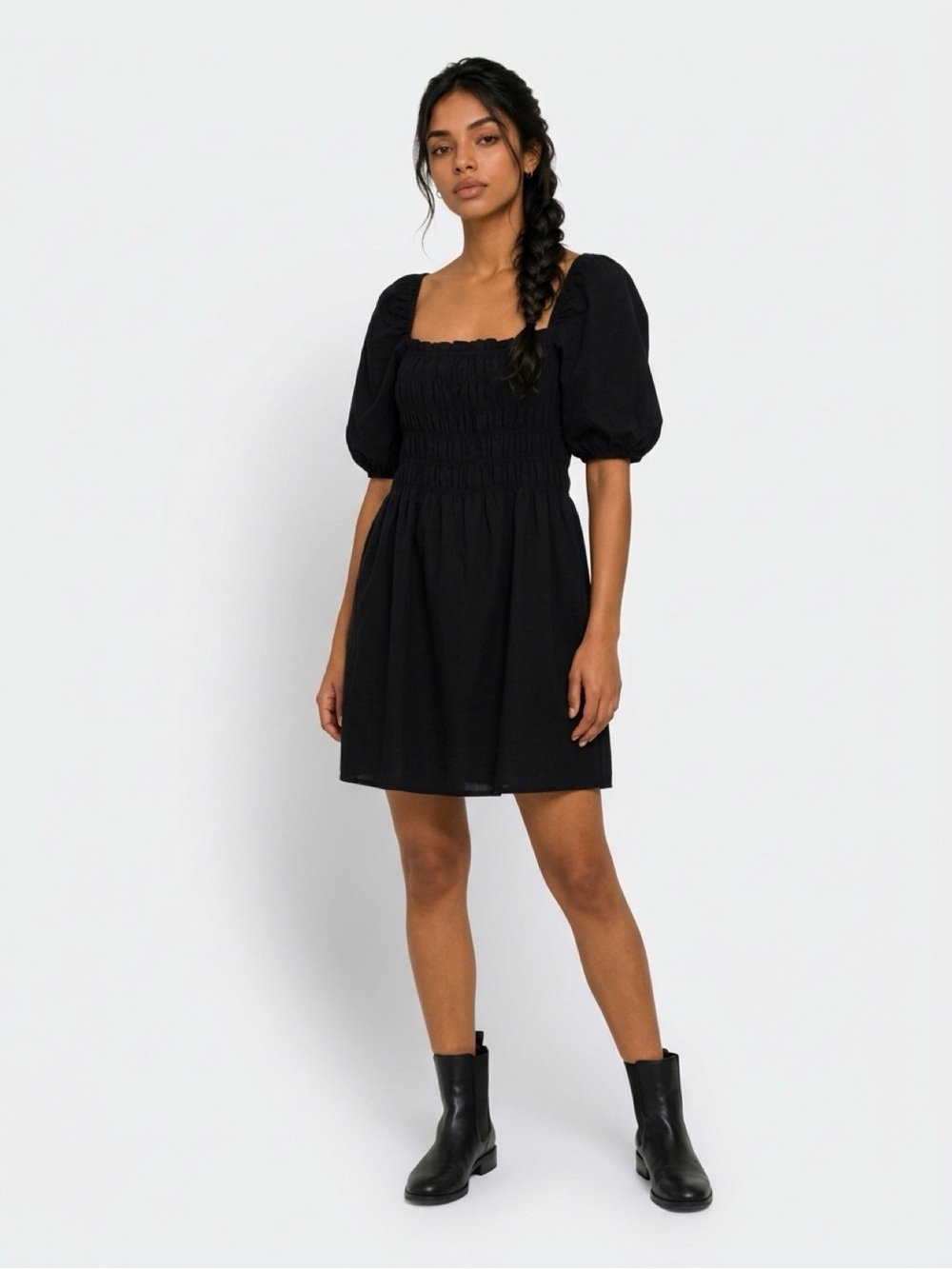 H&M Black Puff-Sleeve Smocked Mini Dress